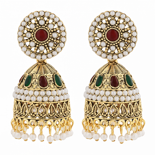 Gold Multi-Stone & Pearl Beaded Jhumkas